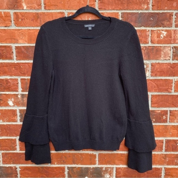 J. Crew Mercantile Womens Medium Black Wool Blend Bell Ruffle Sleeve Sweater - Picture 1 of 9
